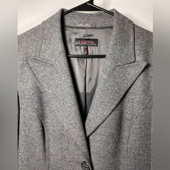 Escada | Tweed Pattern Button Front Wool Blazer Jacket in Gray Sz 44 Large - Picture 3 of 15